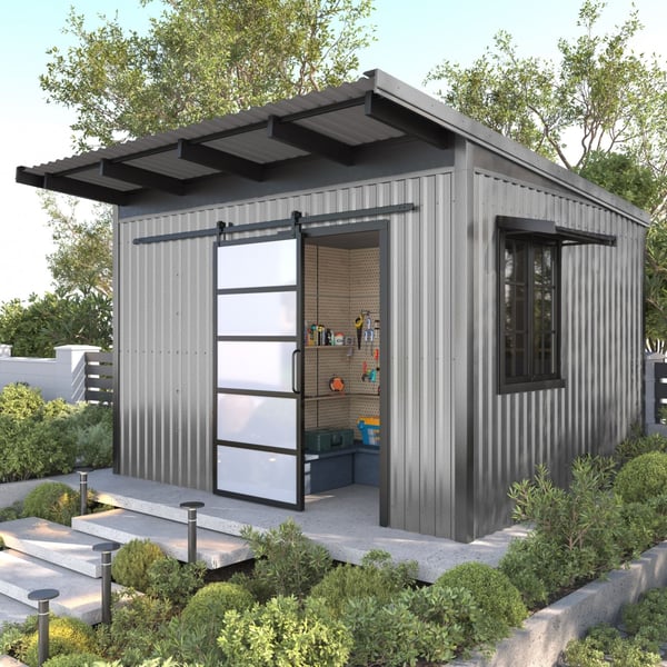 Damwandplaat T20M Aluzink als dak- en wandbekleding van een modern tuinhuis