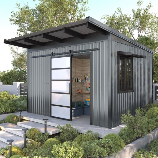 Tuinhuis met dak- en wandbekleding van damwandplaat T20M Venstergrijs