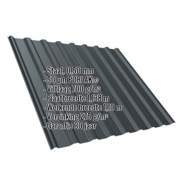 Damwandplaat T20M antracietgrijs, 0,50 mm, met PURLAK® coating en viltlaag, specificaties weergegeven
