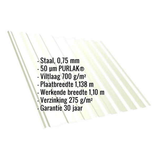 Damwandplaat T20M Grijswit (RAL 9002) met PURLAK® coating en ingebedde productgegevens