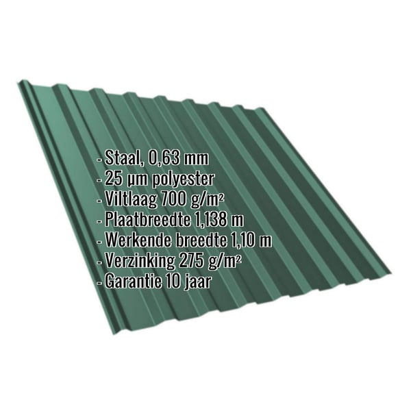 Damwandplaat T20M mosgroen met productdetails zoals staal 0,63 mm, 25 µm polyester, viltlaag 700 g/m²