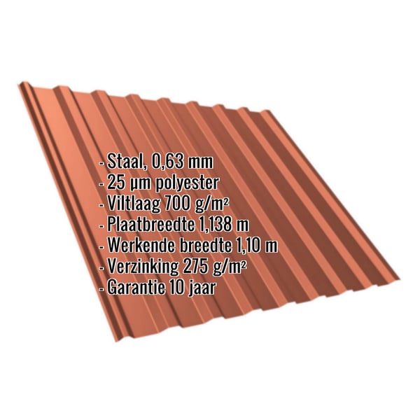 damwandplaat T20M koperbruin, 0,63 mm staal, 25 µm polyester, met ingebedde productdetails