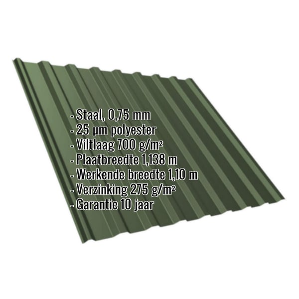 Damwandplaat T20M chroomoxydegroen met ingebedde specificaties: staal 0,75 mm, 25 µm polyester, viltlaag 700 g/m²