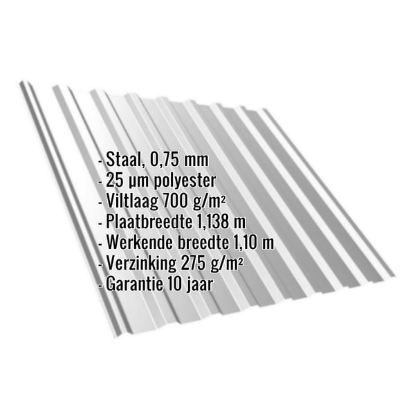 Damwandplaat T20M Zilver-Metallic met ingebedde specificaties voor materiaal, dikte, coating en garantie