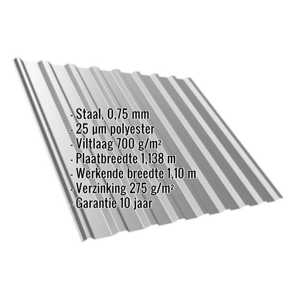 Damwandplaat T20M, 0,75 mm staal, polyestercoating, met ingebedde technische gegevens