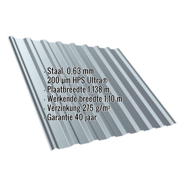 Damwandplaat T20M dak, Venstergrijs RAL 7040, met ingebedde specificaties voor materiaal, dikte en coating