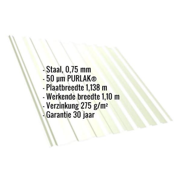 Damwandplaat T20M Grijswit met ingebedde specificaties voor materiaal, dikte en coating
