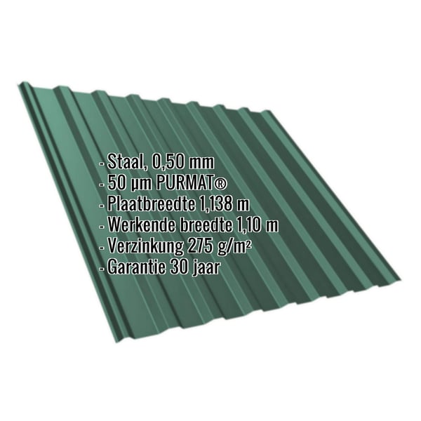 Damwandplaat T20M dak 0,50 mm PURMAT® groen met ingebedde specificaties