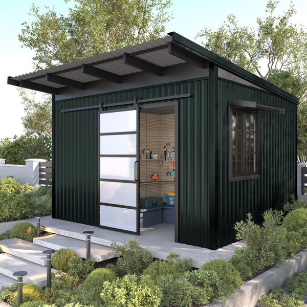 Tuinhuis met dak van damwandplaat T20M dak 0,50 mm PURMAT® groen