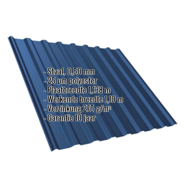 Damwandplaat T20M dak Gentiaanblauw (RAL 5010) met ingebedde productgegevens