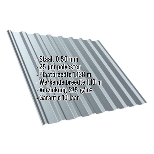 Damwandplaat T20M, Pelsgrijs RAL 7000, 0,50 mm, met ingebedde productgegevens over materiaal en coating