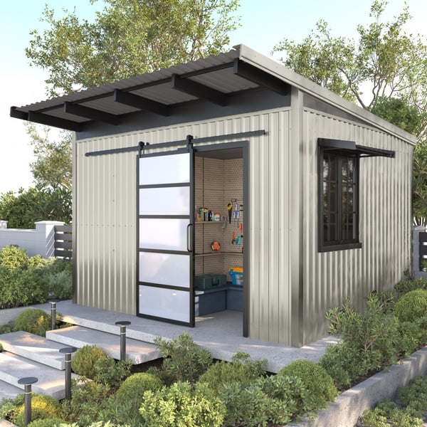 Damwandplaat T20M, Grijswit, als dak- en wandbekleding van een modern tuinhuis