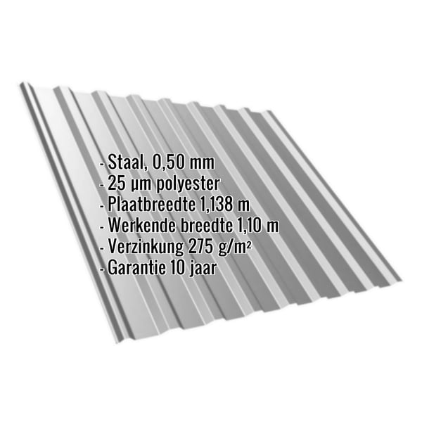 Damwandplaat T20M, 0,50 mm, RAL9007, met ingebedde productgegevens