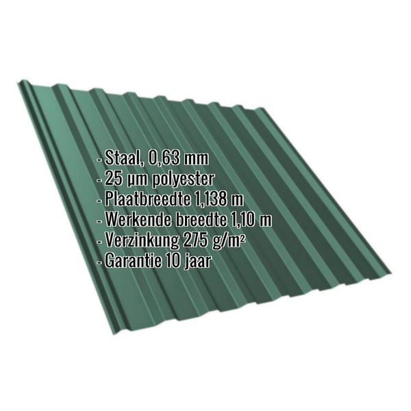 Damwandplaat T20M mosgroen 0,63 mm staal met 25 µm polyester coating, infografik met productdetails