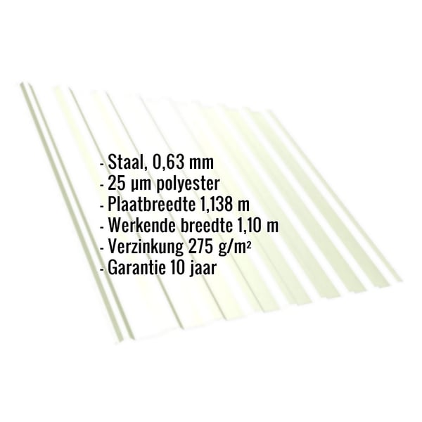 Infografik met damwandplaat T20M van staal, 0,63 mm, grijswit (RAL 9002), met belangrijke productgegevens