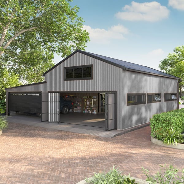 Damwandplaat T20M Aluzink als wandbekleding op een moderne hal met garages
