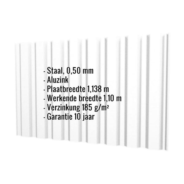 Damwandplaat T20M Aluzink met ingebedde specificaties voor materiaal, breedte en garantie