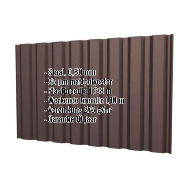 Damwandplaat T20M wand Chocoladebruin RAL 8017 met ingebedde specificaties voor materiaal, dikte en breedte