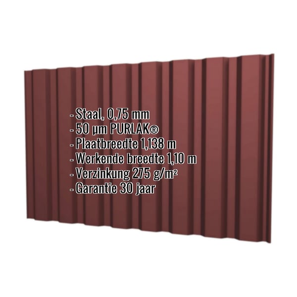 Damwandplaat T20M in RAL 8012 roodbruin, 0,75 mm staal, met ingebedde productdetails en specificaties