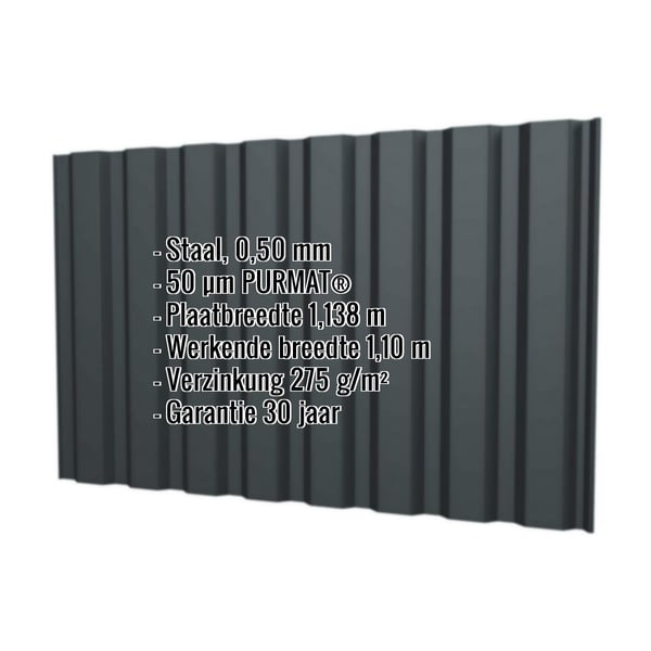 Damwandplaat T20M wand antracietgrijs met ingebedde specificaties: staal, 0,50 mm, 50 µm PURMAT®, plaatbreedte 1,138 m