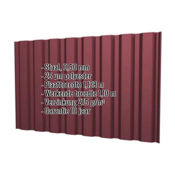 Damwandplaat T20M wand Wijnrood RAL 3005, 0,50 mm staal, met ingebedde specificaties