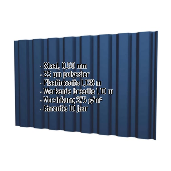 Damwandplaat T20M wand Gentiaanblauw met ingebedde productgegevens zoals materiaal, dikte en coating
