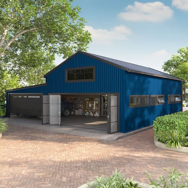 Grote hal met wandbekleding van Gentiaanblauw T20M damwandplaat en donker dak