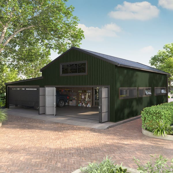 Grote garage met gevel van damwandplaat T20M wand Chroomoxydegroen, 0,50 mm dikte