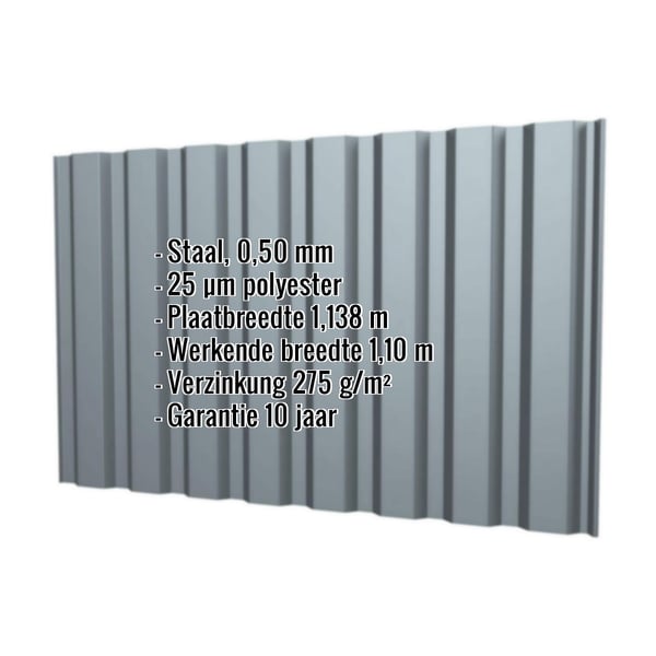 Damwandplaat T20M wand Pelsgrijs, 0,50 mm staal, met ingebedde productgegevens