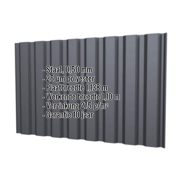 Damwandplaat T20M wand, grafietgrijs RAL 7024, met ingebedde productgegevens