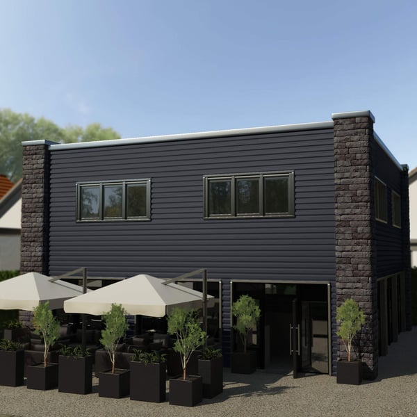 Gebouw met wandbekleding van damwandplaat T20M in grafietgrijs RAL 7024