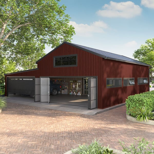 Damwandplaat T20M wand Roodbruin RAL 8012 op de gevel van een grote garage met meerdere poorten