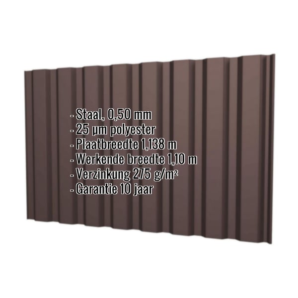 Damwandplaat T20M wand staal 0,50 mm Chocoladebruin RAL 8017 met ingebedde productgegevens