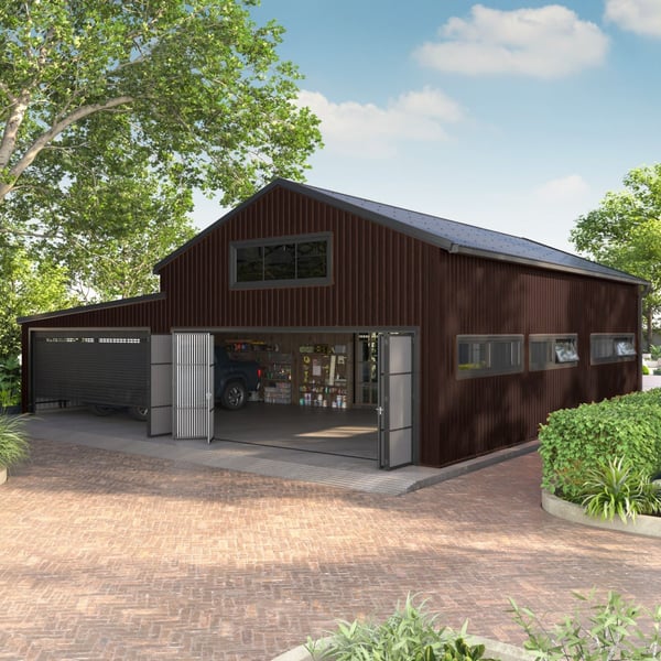 Garage met gevelbekleding van damwandplaat T20M Chocoladebruin RAL 8017