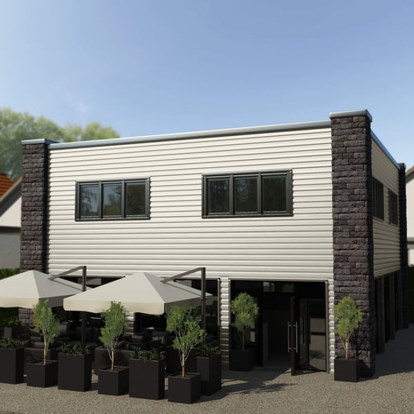 Gebouw met gevel van damwandplaat T20M wand Zuiverwit RAL 9010