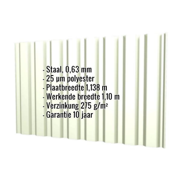 Damwandplaat T20M wand Grijswit RAL 9002 met ingebouwde specificaties zoals materiaal, dikte en coating