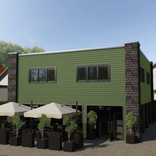 Gebouw met gevelbekleding van damwandplaat T20M wand Resedagroen