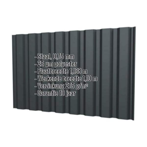 Damwandplaat T20M wand antracietgrijs met ingebedde specificaties voor materiaal, dikte en coating