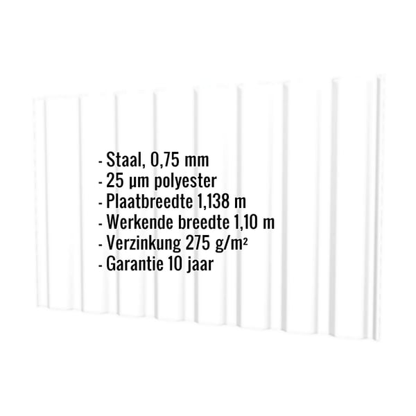 Damwandplaat T20M wand Zuiverwit, infografiek met materiaal, dikte en garantiegegevens