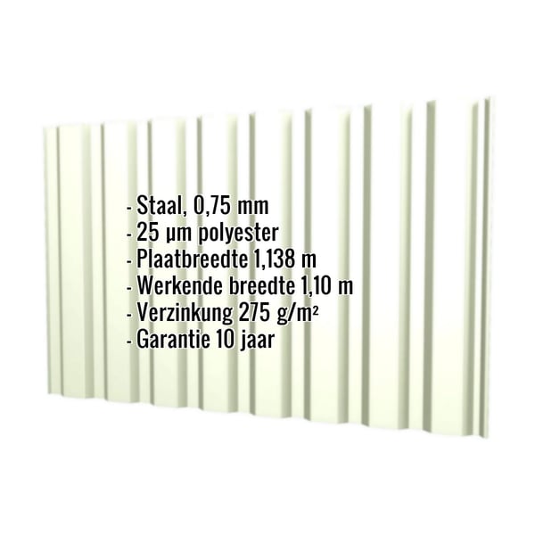 Damwandplaat T20M wand Grijswit, 0,75 mm, met ingebouwde gegevens over materiaal, coating en afmetingen