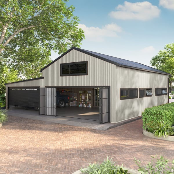 Damwandplaat T20M wand Grijswit op de gevel van een grote garage met meerdere poorten