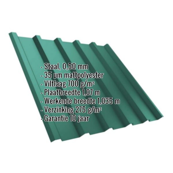 Damwandplaat T35/207M mosgroen met productdetails zoals staal 0,50 mm en 35 µm mattpolyester coating