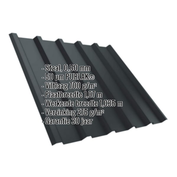 Damwandplaat T35/207M in antracietgrijs met PURLAK® coating en ingebedde productdetails