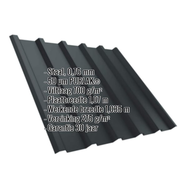 Damwandplaat T35/207M antracietgrijs met PURLAK® coating en ingebedde productinformatie