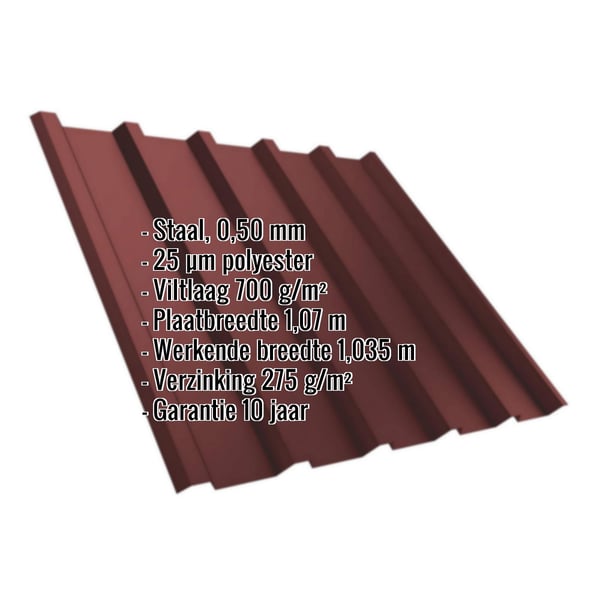 Damwandplaat T35/207M roodbruin, 0,50 mm staal met polyestercoating en ingebedde specificaties