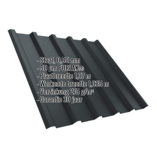 Damwandplaat T35/207MD antracietgrijs, 0,50 mm staal met PURLAK® coating, belangrijke productdetails ingeblend