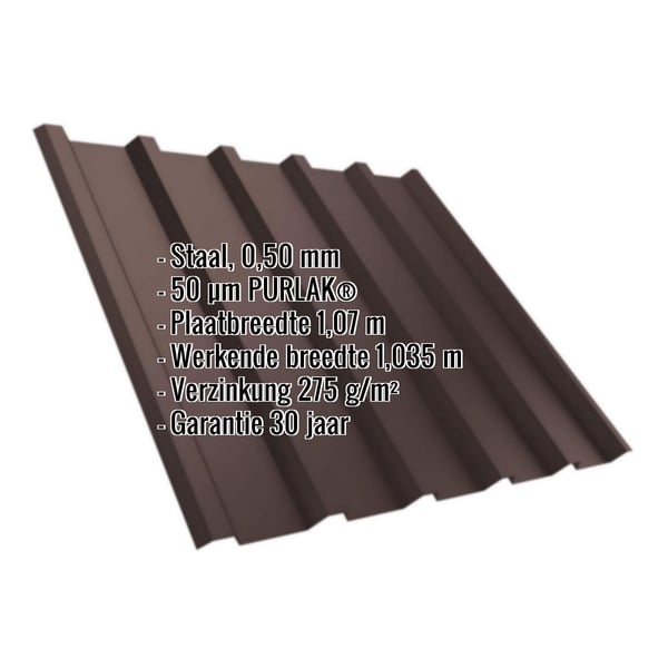 Damwandplaat T35/207MD in chocoladebruin met ingebedde productinformatie over staal en PURLAK® coating