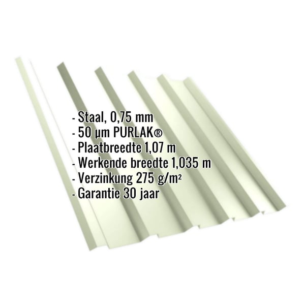 Damwandplaat T35/207MD in grijswit (RAL 9002) met 50 µm PURLAK® coating, 0,75 mm staal, infografik met productgegevens