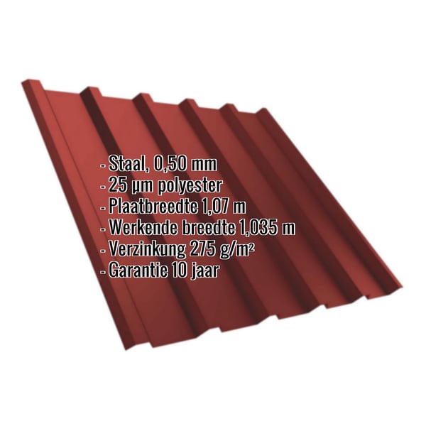 Damwandplaat T35/207MD kersrood, 0,50 mm, met ingebedde specificaties over materiaal en coating