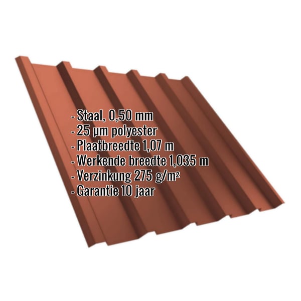 Damwandplaat T35/207MD koperbruin met ingebedde specificaties voor materiaal, dikte en garantie